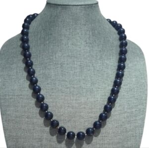 Vintage Dark Navy Blue Wood Bead Necklace – Gold-Tone Clasp – 70s/80s Style